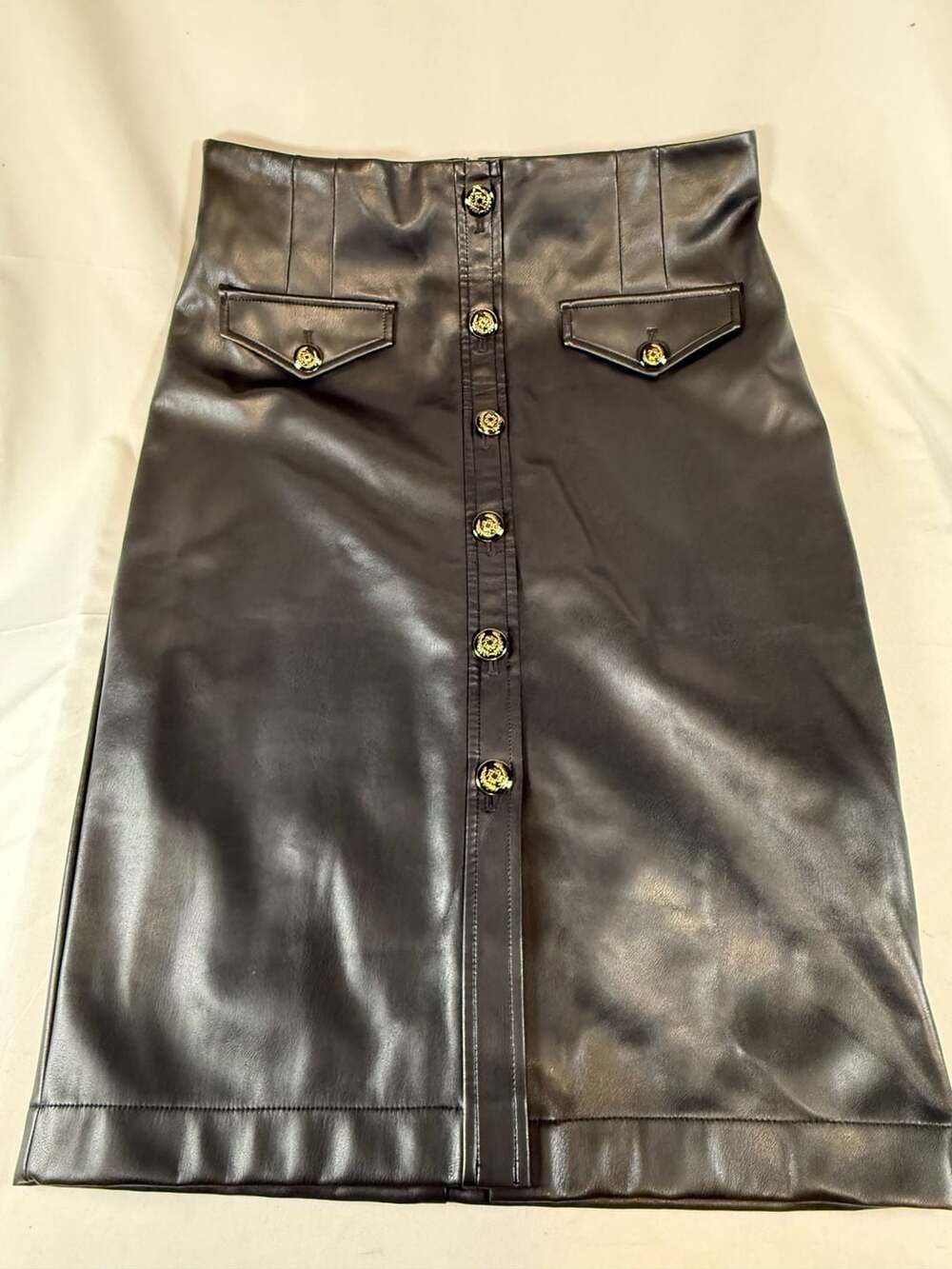White House Black Market Womens Faux Leather Pencil Skirt Gold Buttons Black Siz